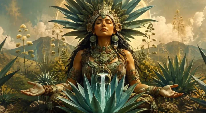 Illustrazione di una figura mitologica legata all’agave nella cultura mesoamericana