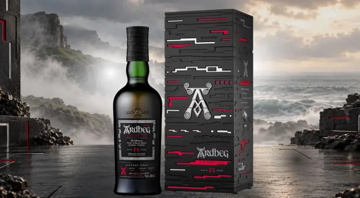 Ardbeg Vintage_Y2K 25 Year Old release Bottle of Ardbeg Vintage_Y2K 25 Year Old against a Scottish-inspired landscape