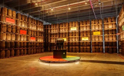 Interno di un magazzino di invecchiamento con botti di rum a Casa Bacardí Porto Rico