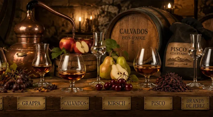 Glas Brandy neben einer Flasche auf einem Verkostungstisch serviert