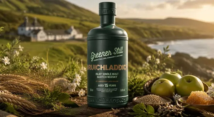 Bruichladdich Greener Still Islay limited edition Bottle of Bruichladdich Greener Still beside its green-toned presentation case