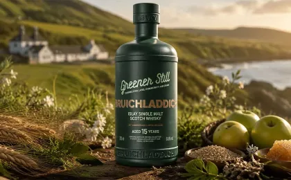 Bottle of Bruichladdich Greener Still beside its green-toned presentation case