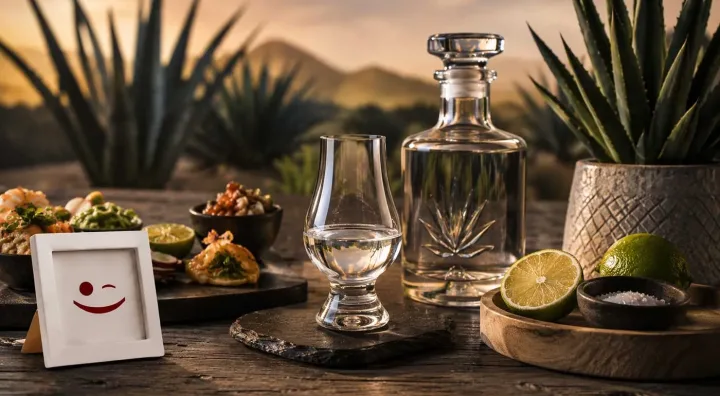 Degustazione lenta di tequila 100% agave Calice di tequila servito per la degustazione con agave blu sullo sfondo