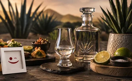 Copa de tequila servida para cata con agave azul al fondo
