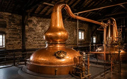 Copper distillation equipment inside a small craft distillery