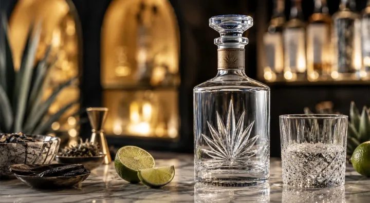 Bottles of cristalino tequila beside tasting glasses and blue agave