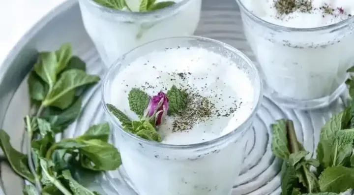 Glass of Iranian doogh made with natural yogurt, mint and water
