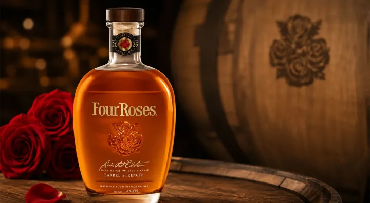 Four Roses Small Batch Limited Edition bourbon Bottle and glass of Four Roses Limited Edition Small Batch bourbon
