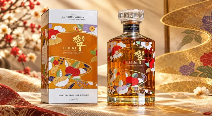 Hibiki Chiso 2026 floral design edition Bottle of Hibiki Japanese Harmony Chiso 2026 with Japanese floral decoration