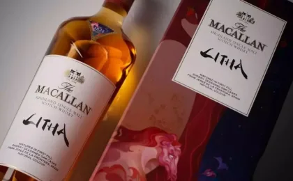 Bottiglia e astuccio The Macallan Litha con arte ispirata a Scozia e Spagna