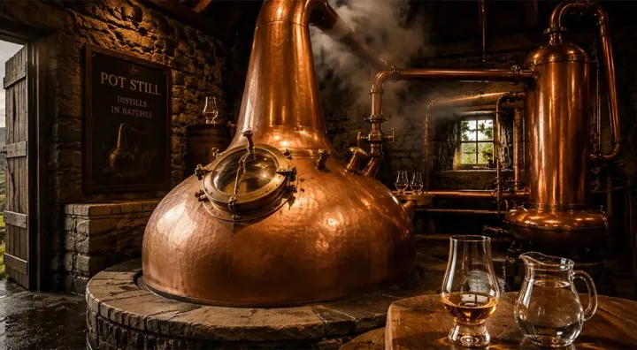 Irish single pot still whiskey and its traditional character Glasses of Irish single pot still whiskey beside barley and oak barrels