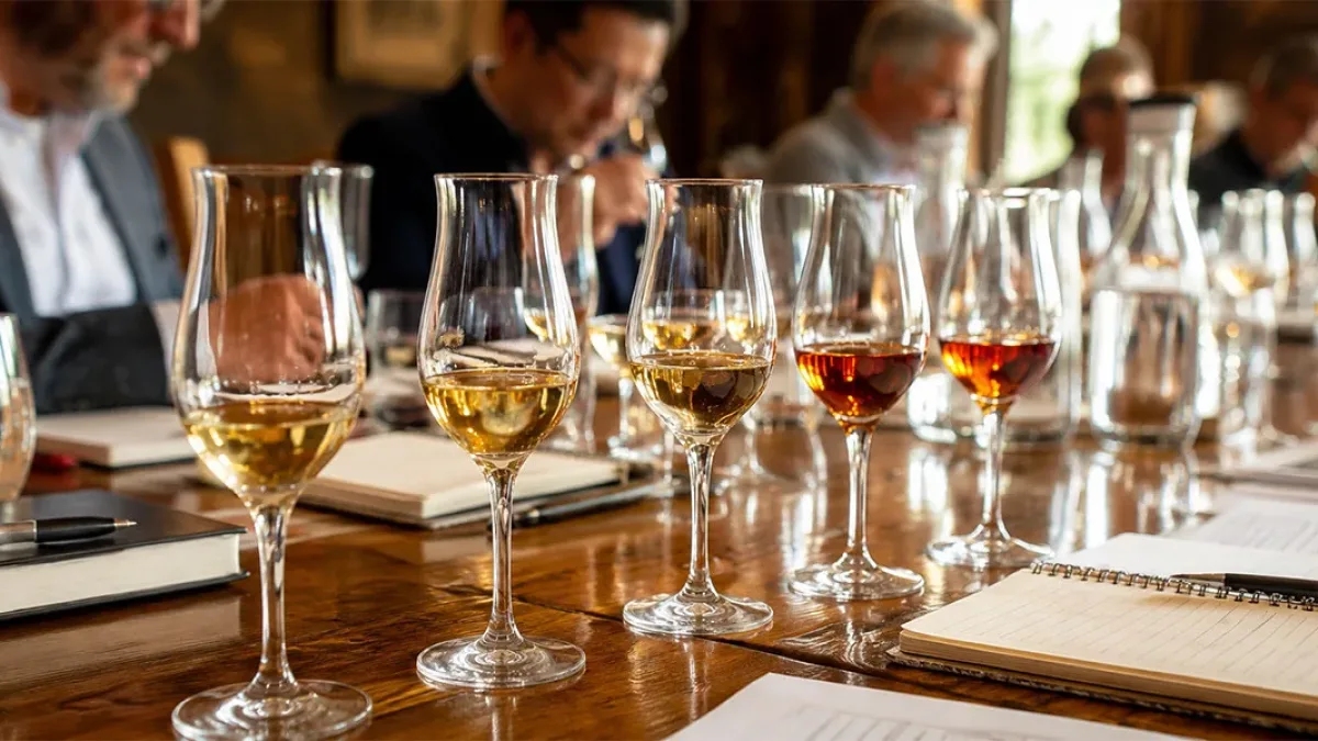 Tasting glasses with different spirits at an international competition
