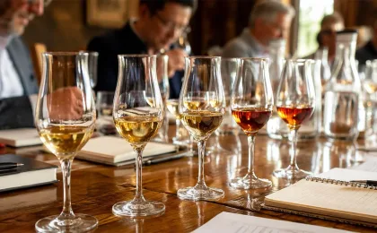 Verres de dégustation présentant différents spiritueux lors d’un concours international