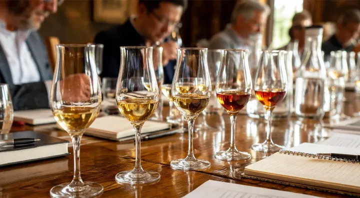 Copas de cata con distintos destilados en una competición internacional