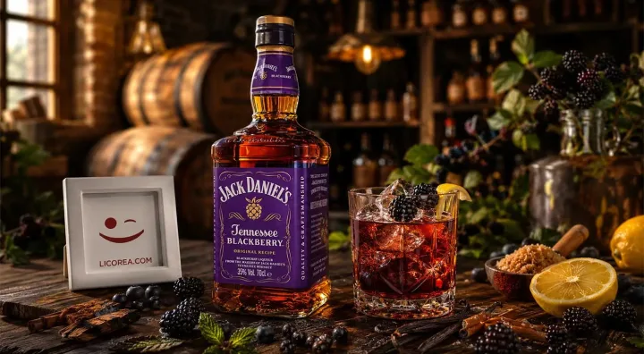 Botella de Jack Daniel’s Tennessee Blackberry servida con hielo y moras