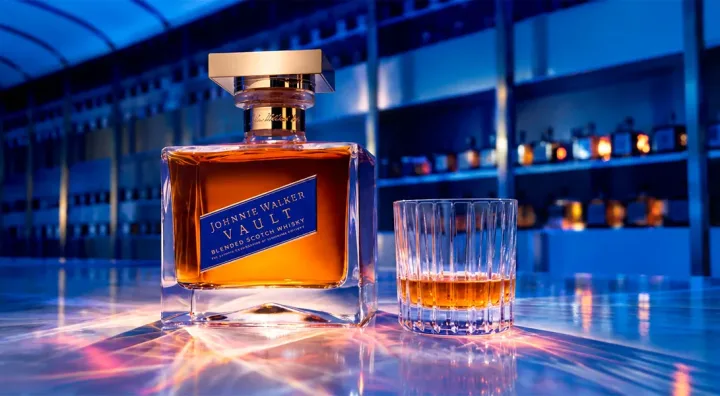 La bouteille Johnnie Walker Vault accompagnée d’un verre de whisky écossais