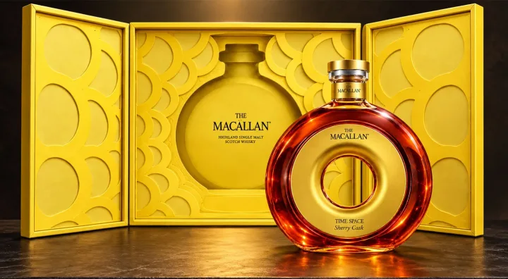 The Macallan TIME SPACE Sherry Cask 20 anni Bottiglia circolare dorata di The Macallan TIME SPACE Sherry Cask 20 anni con astuccio di presentazione