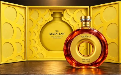 Goldene runde Flasche The Macallan TIME SPACE Sherry Cask 20 Jahre mit Präsentationsbox