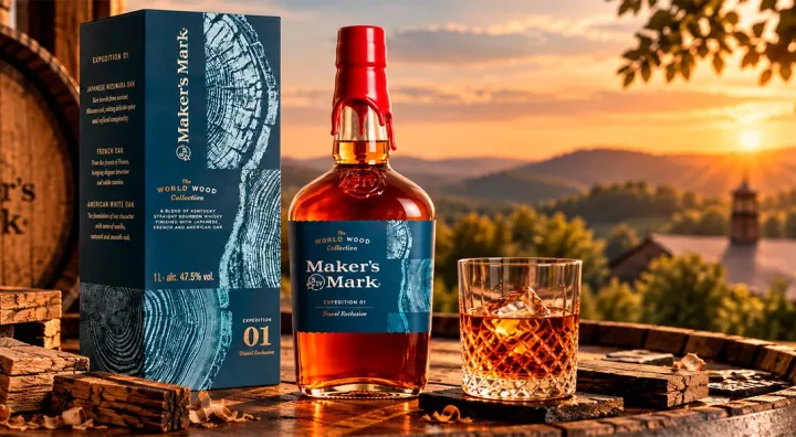 Botella de Maker’s Mark Expedition 01, bourbon con acabado en tres tipos de roble