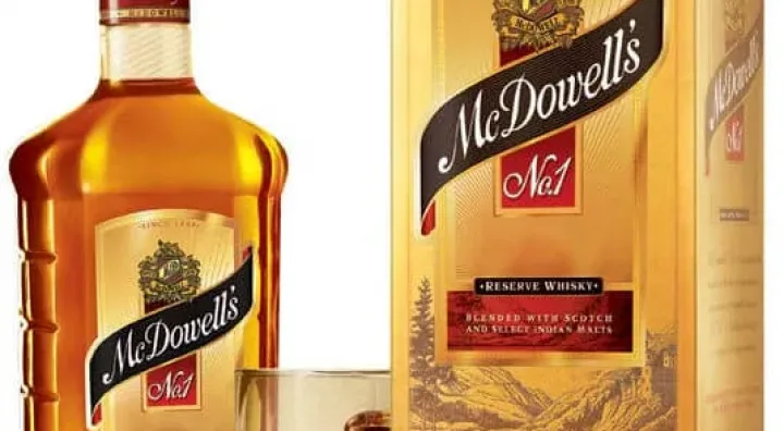 Bottle of McDowell’s No.1 Indian whisky with classic label