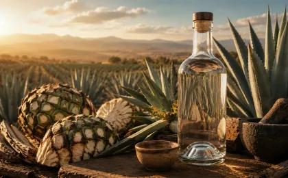 Kleines Glas Mezcal neben einer Agavenpflanze in mexikanisch geprägter Atmosphäre