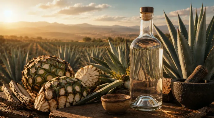 Mezcal mexicain et agave : élaboration, styles et dégustation Verre de mezcal servi près d’une plante d’agave dans une ambiance mexicaine