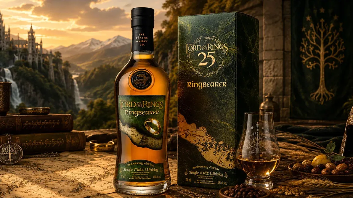 Bottle of Pōkeno Ringbearer whisky inspired by The Lord of the Rings