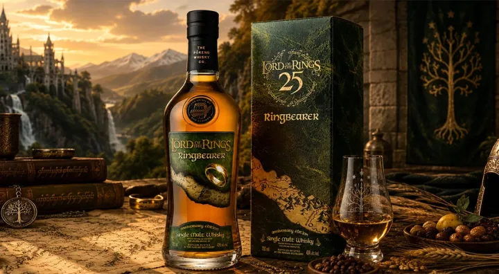 Pōkeno Ringbearer Single Malt pour le 25e anniversaire Bouteille de whisky Pōkeno Ringbearer inspirée du Seigneur des Anneaux