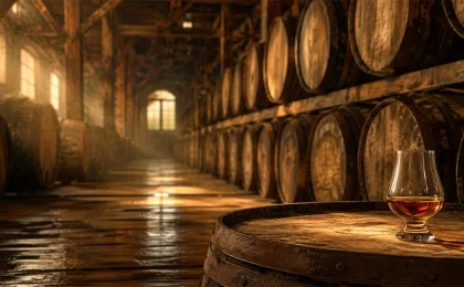 Botti di rum in una cantina tropicale durante il processo di invecchiamento