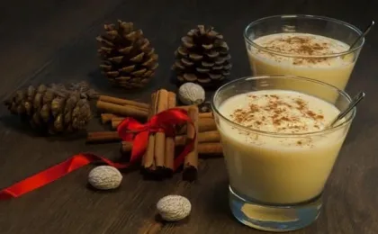 Glass of creamy rompope served as a traditional drink