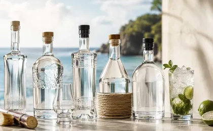 Copas y botellas de ron transparente servidas en una barra de coctelería