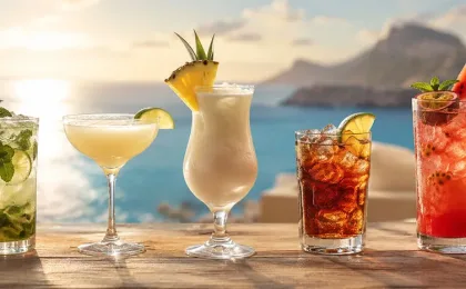 Cóctel de ron con hielo, lima y ambiente veraniego junto al mar