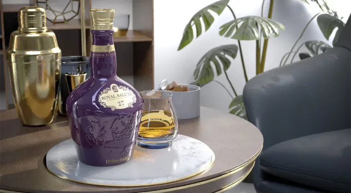 Royal Salute Small Batch porcelain presentation Royal Salute Small Batch porcelain flagon in purple and gold tones