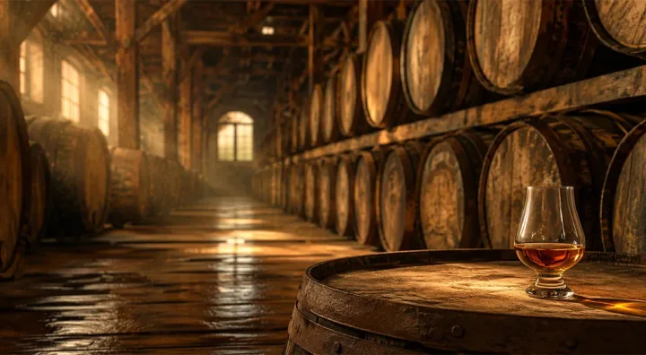 Rum barrels in a tropical warehouse during the maturation process