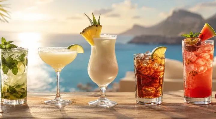 Rum und erfrischende Sommercocktails Rumcocktail mit Eis und Limette in sommerlicher Atmosphäre am Meer