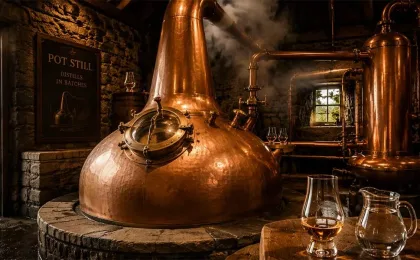 Verres de whiskey irlandais single pot still avec de l’orge et des fûts en arrière-plan