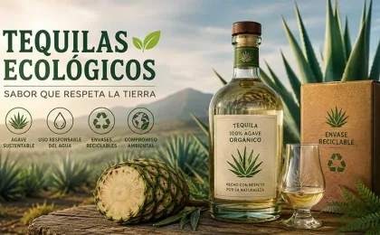Illustration d’un champ d’agaves avec une bouteille de tequila bio au premier plan