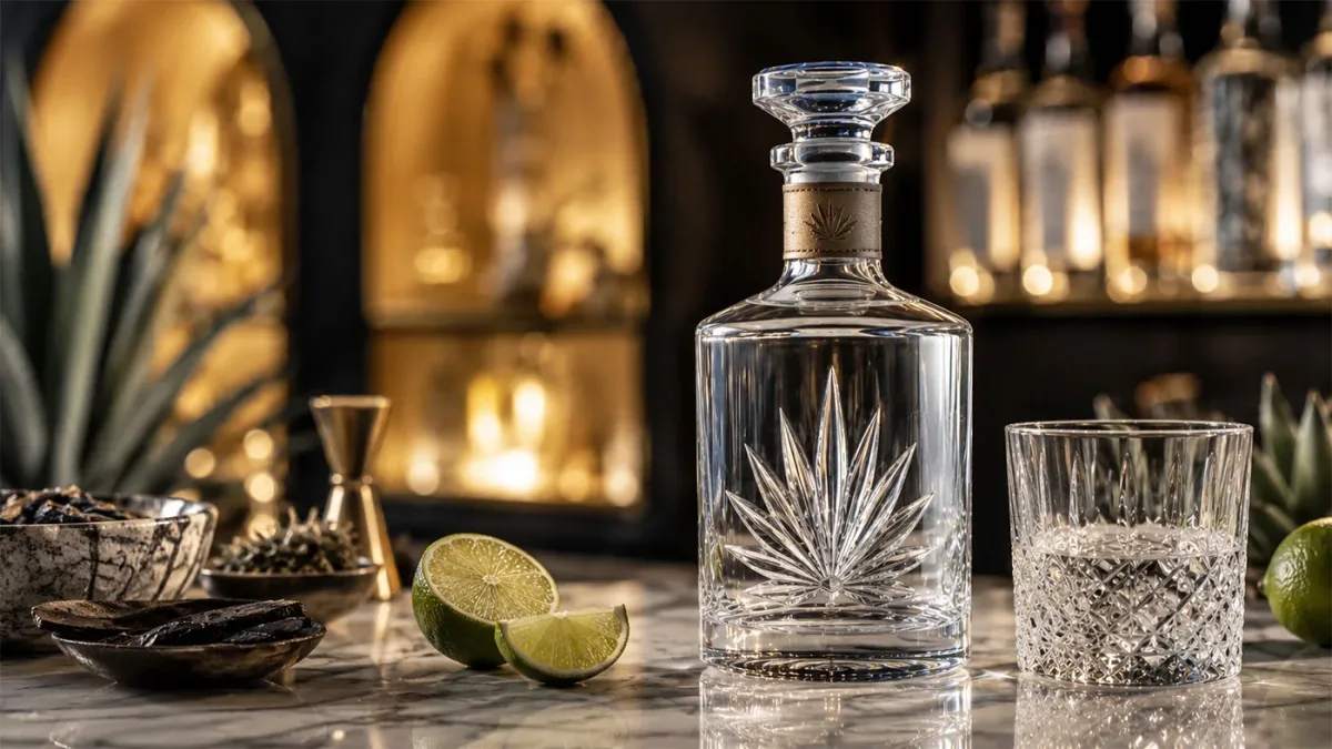 Flaschen Tequila Cristalino neben Verkostungsgläsern und blauer Agave