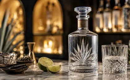 Flaschen Tequila Cristalino neben Verkostungsgläsern und blauer Agave