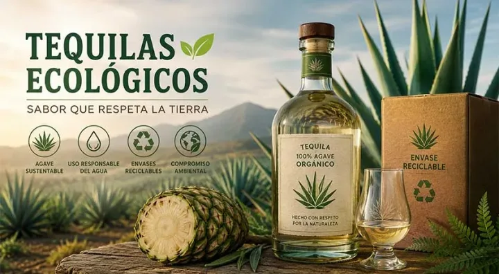 Ilustracion de un campo de agaves y una botella de tequila orgánico