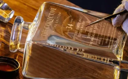 Luxury Scotch whisky decanter displayed in a handcrafted wooden presentation box