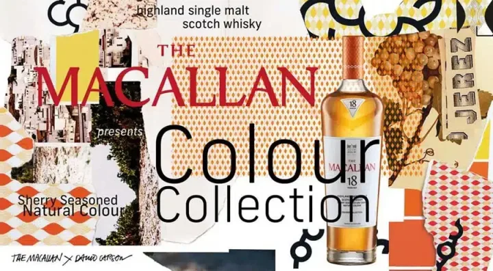 Bottles of The Macallan Colour Collection with coloured presentation boxes