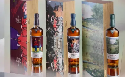 Bottle of The Macallan Romantica Collection with artistic label and collector’s presentation case