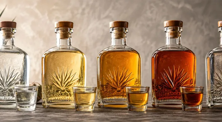 Copas de tequila servidas junto a una planta de agave azul