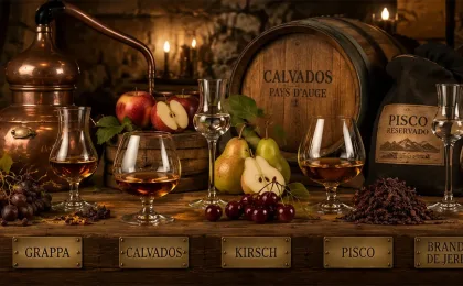 Glass of brandy served beside a bottle on a tasting table