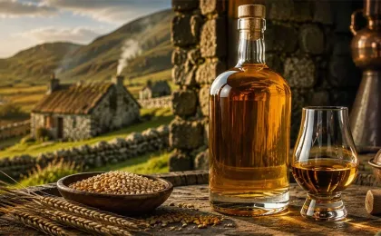 Barricas y alambiques asociados a la elaboración de whiskey irlandés