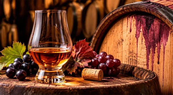 L’influenza delle botti di vino sul profilo del whisky Botte di whisky accanto a grappoli d’uva, per illustrare gli affinamenti in botti di vino