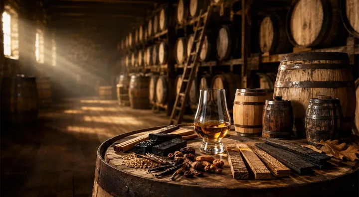 Whisky maturation in oak casks Whisky casks resting in a warehouse during the maturation process