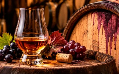 Whiskyfass neben Weintrauben als Symbol für Whisky mit Weinfass-Finish