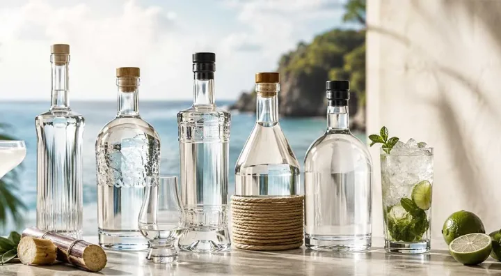 Clear rum bottles and glasses served on a cocktail bar counter